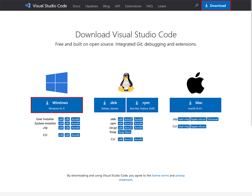 VScodeダウンロードページのスクリーンショット